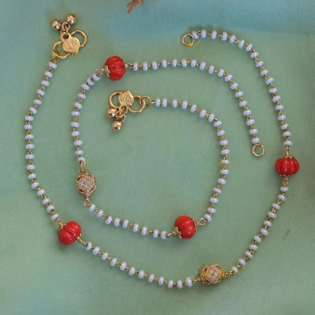 Radiant Pearl & Pumpkin Bead Anklets